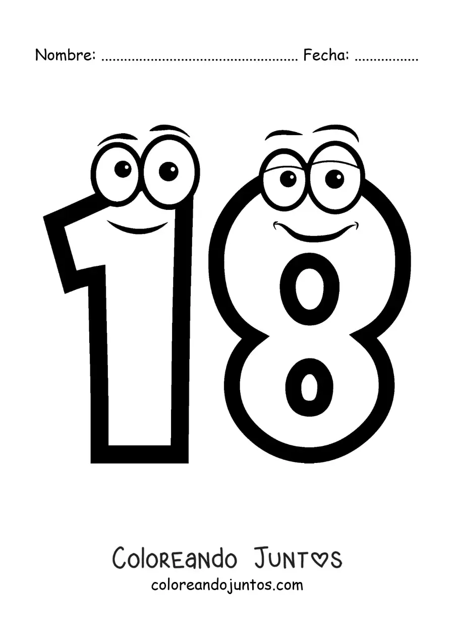 Imagen para colorear del número 18 animado para niños