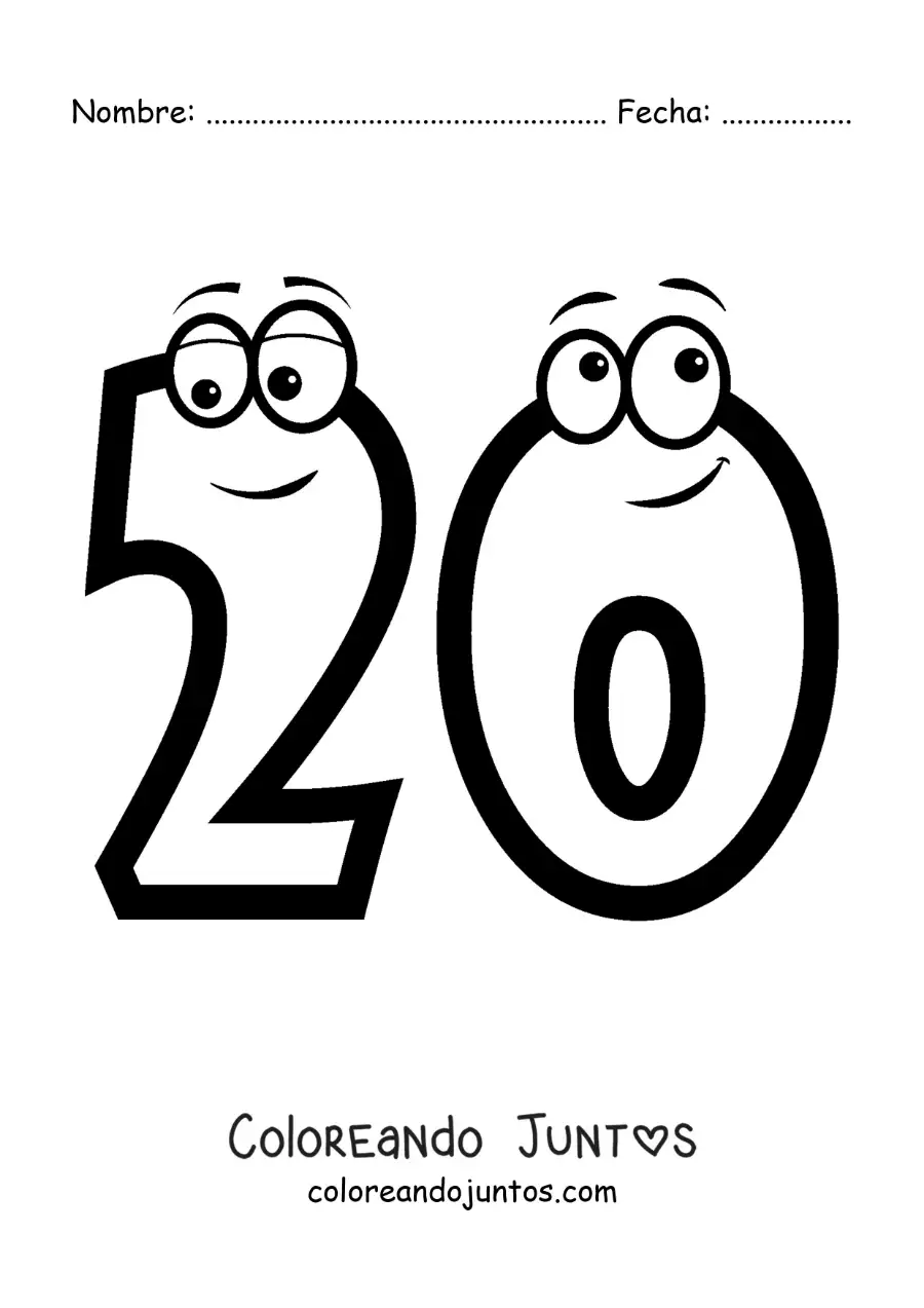 Imagen para colorear del número 20 animado para niños