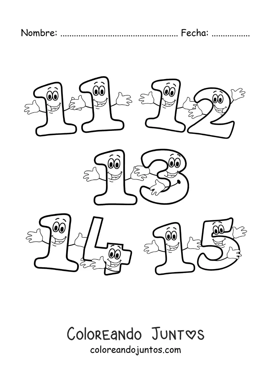 Imagen para colorear de los números del 11 al 15 animados para niños
