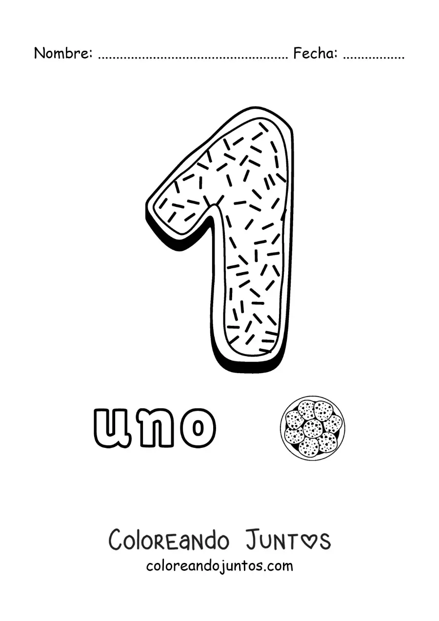 Imagen para colorear del número 1 animado con forma de galleta y objetos para contar