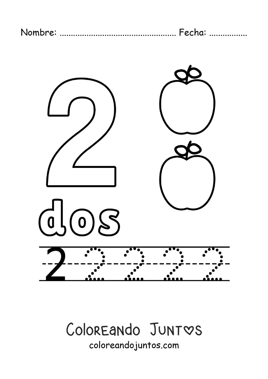Imagen para colorear del número 2 con objetos para aprender a contar y trazar
