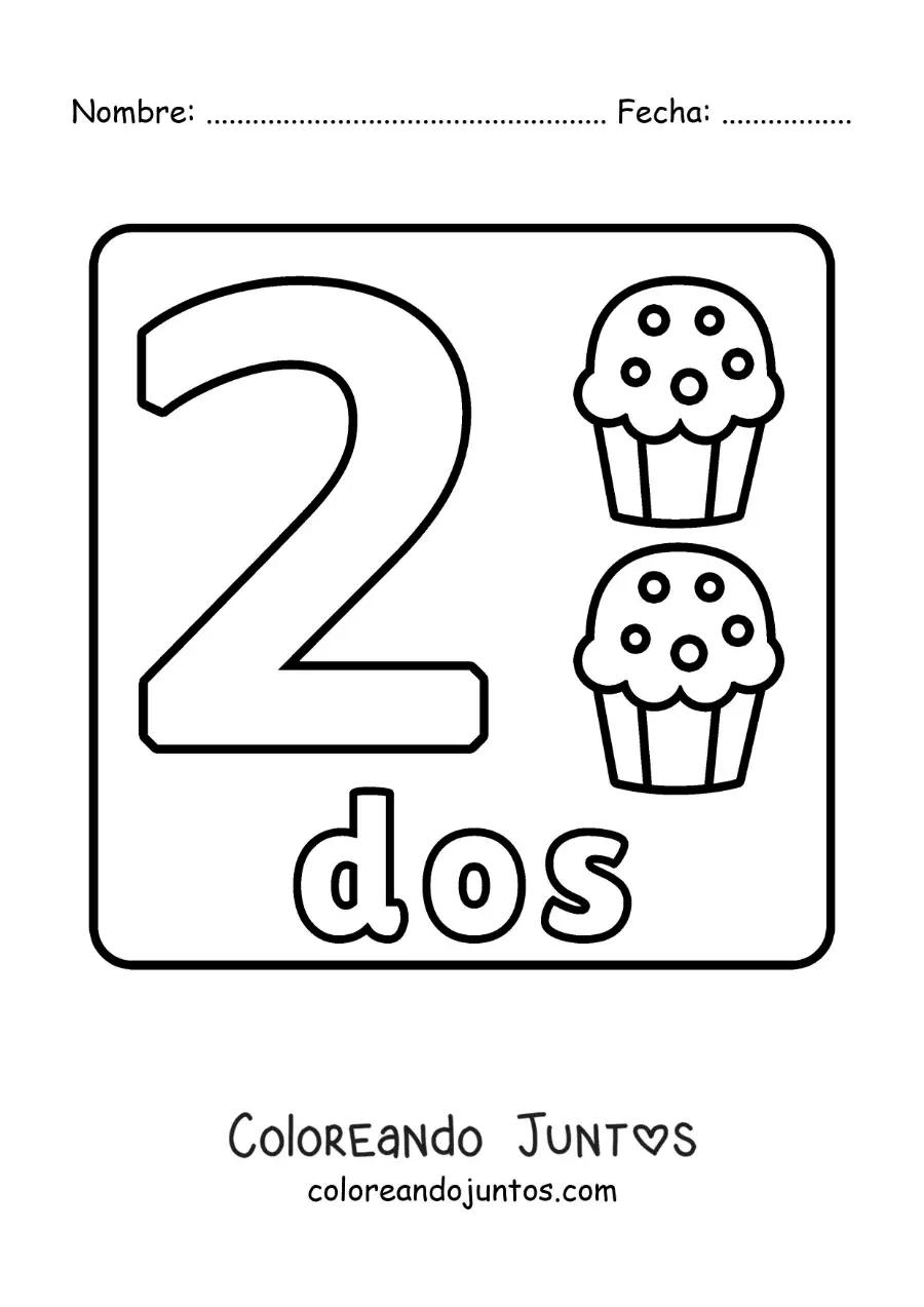 Imagen para colorear del número 2 con objetos para aprender a contar