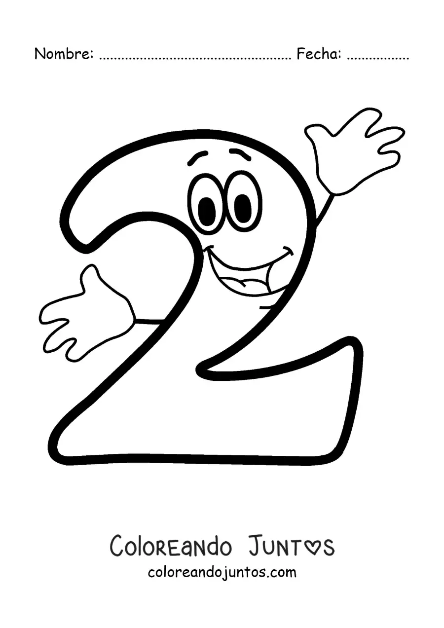 Imagen para colorear del número 2 animado bailando para niños