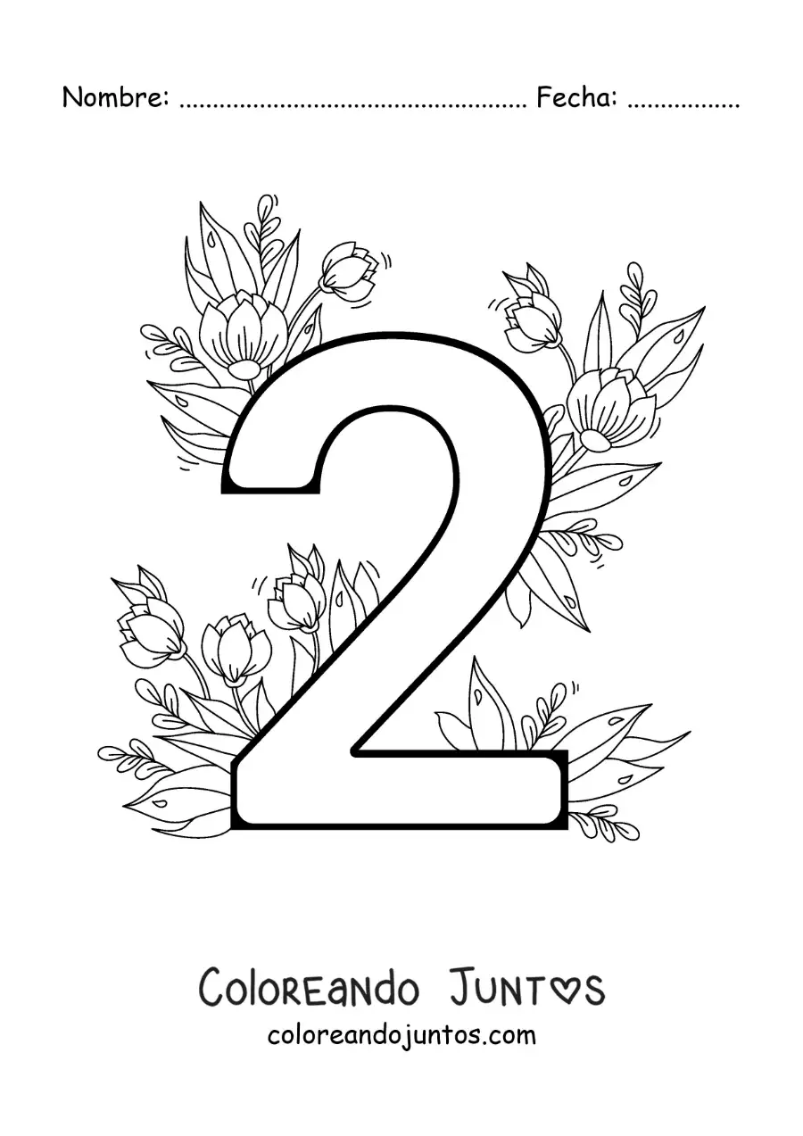 Imagen para colorear del número 2 decorado con flores
