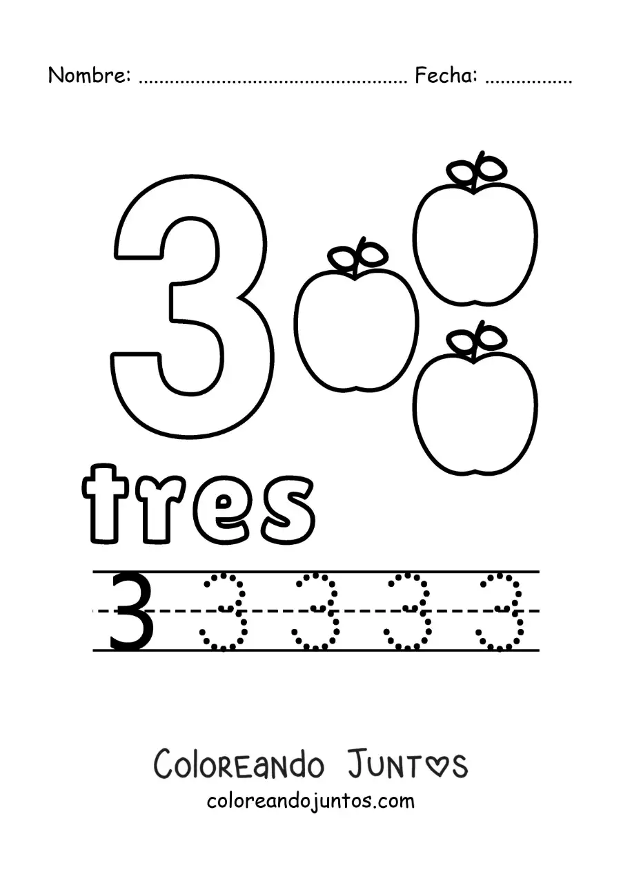 Imagen para colorear del número 3 con objetos para aprender a contar y trazar