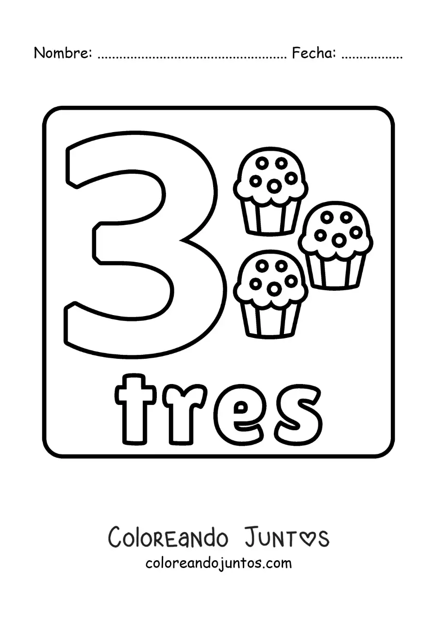 Imagen para colorear del número 3 con objetos para aprender a contar