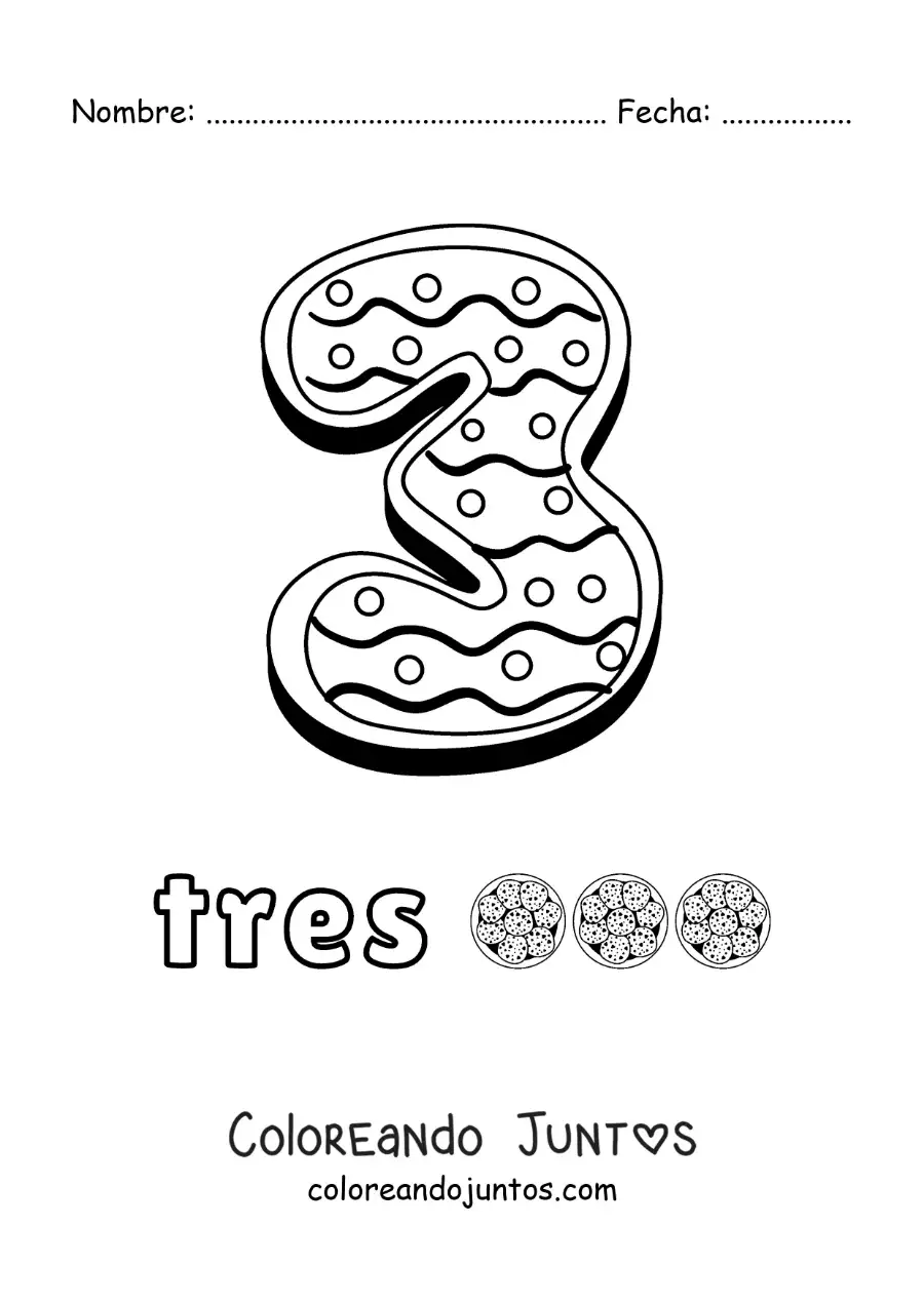 Imagen para colorear del número 3 animado con forma de galleta y objetos para contar