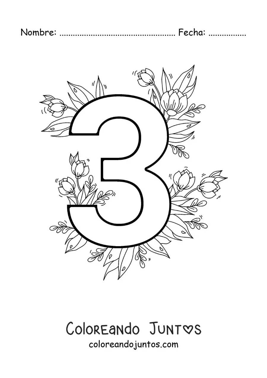 Imagen para colorear del número 3 decorado con flores