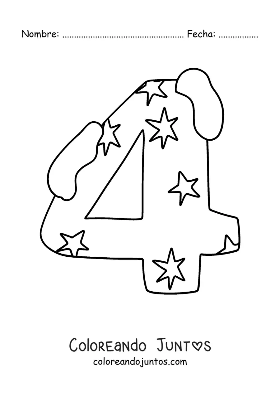 Imagen para colorear del número 4 decorado para niños