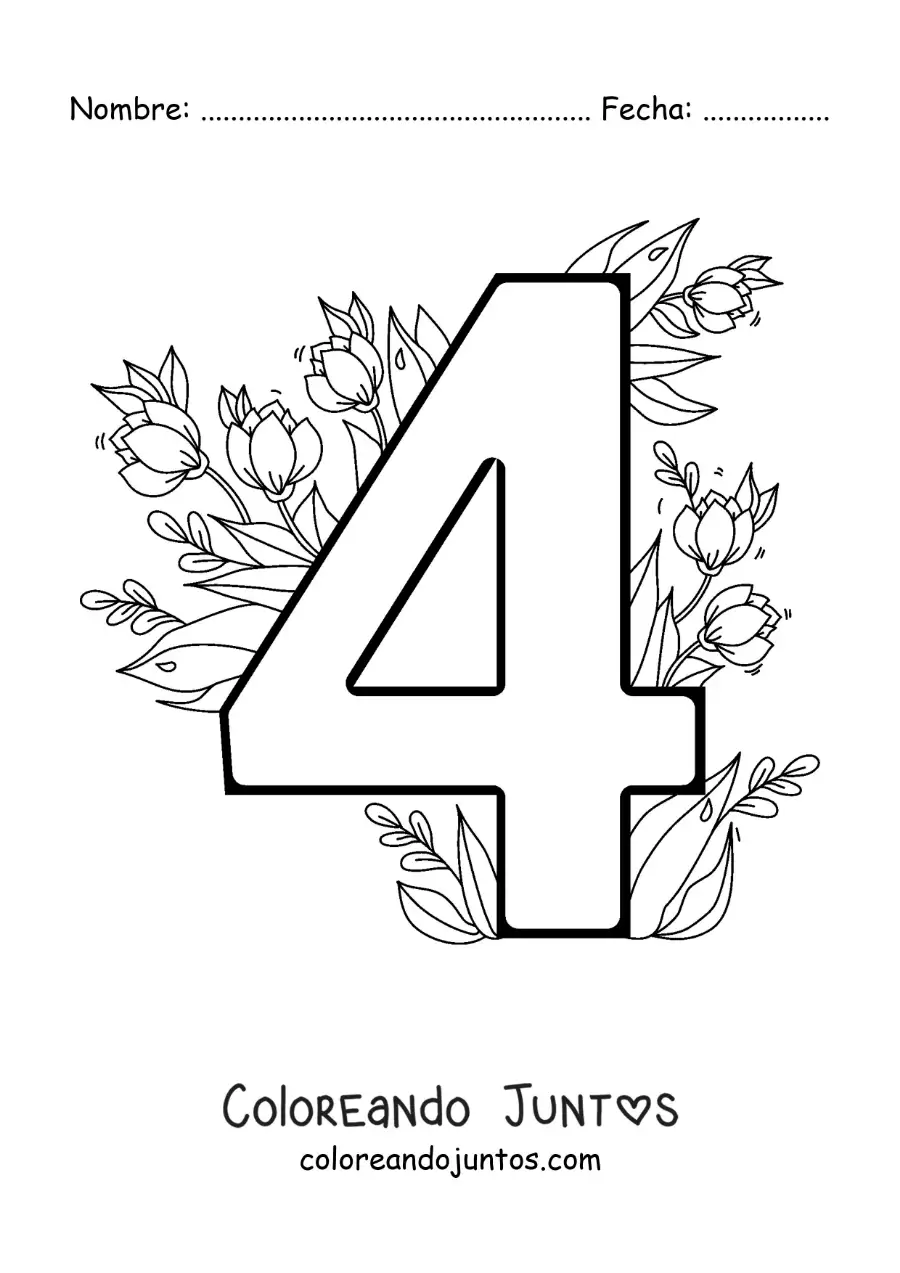 Imagen para colorear del número 4 decorado con flores