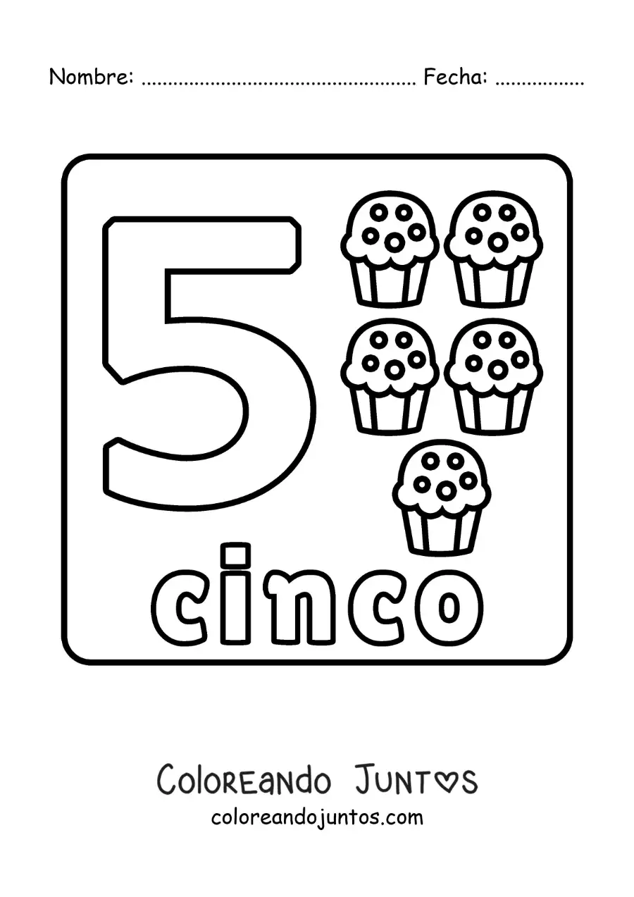 Imagen para colorear del número 5 con objetos para aprender a contar y trazar