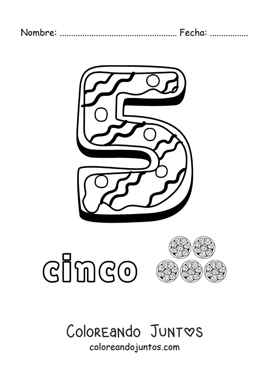 Imagen para colorear del número 5 animado con forma de galleta y objetos para contar