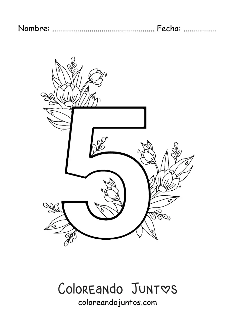 Imagen para colorear del número 5 decorado con flores