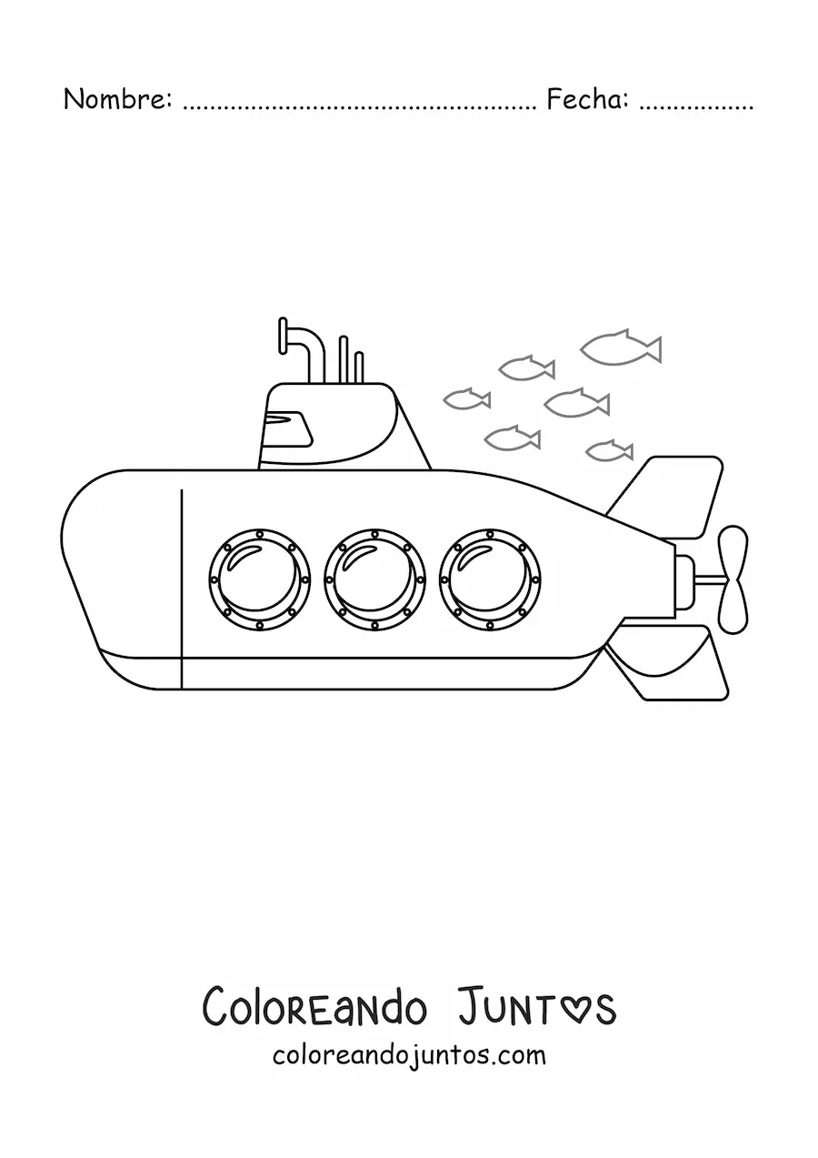 Imagen para colorear de un submarino con tres ventanas rodeado de peces