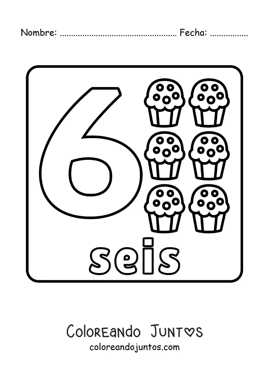 Imagen para colorear del número 6 con objetos para aprender a contar
