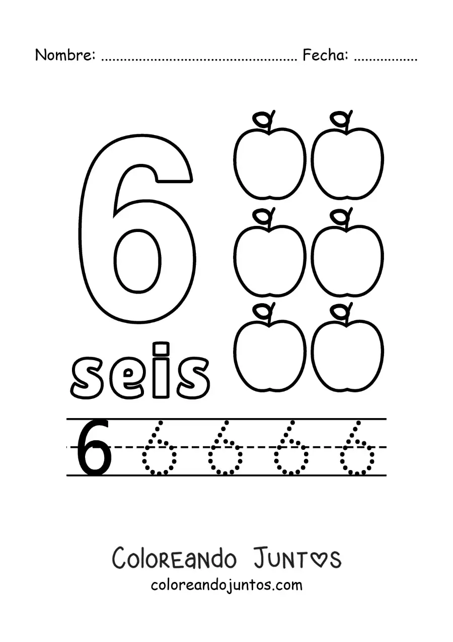 Imagen para colorear del número 6 con objetos para aprender a contar y trazar