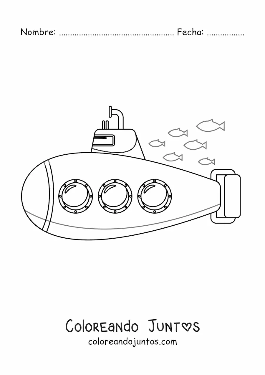 Imagen para colorear de un submarino de tres ventanas junto a un cardumen de peces