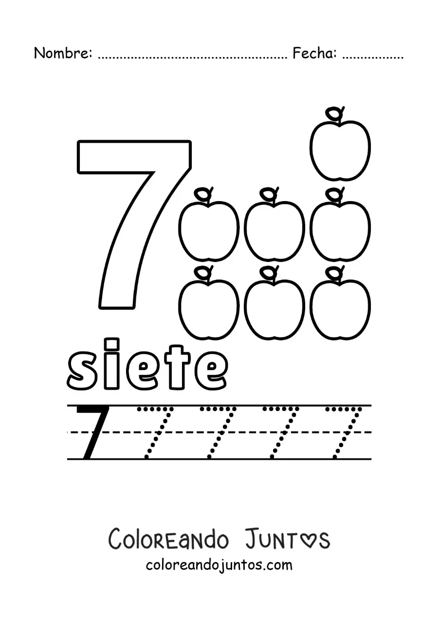 Imagen para colorear del número 7 con objetos para aprender a contar y trazar