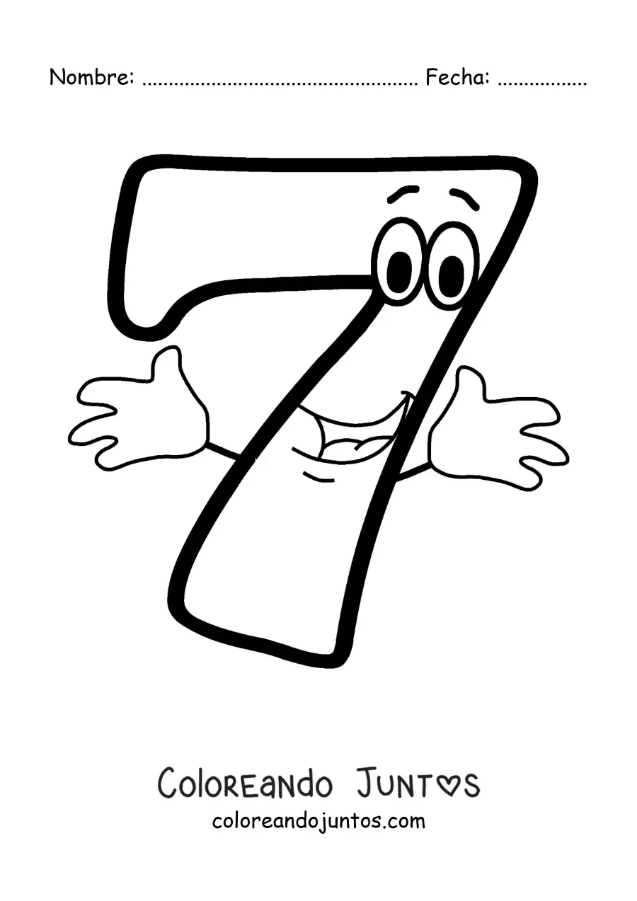 Imagen para colorear del número 7 animado bailando para niños