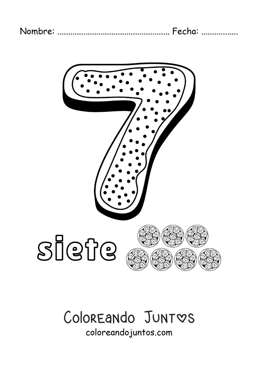 Imagen para colorear del número 7 animado con forma de galleta y objetos para contar