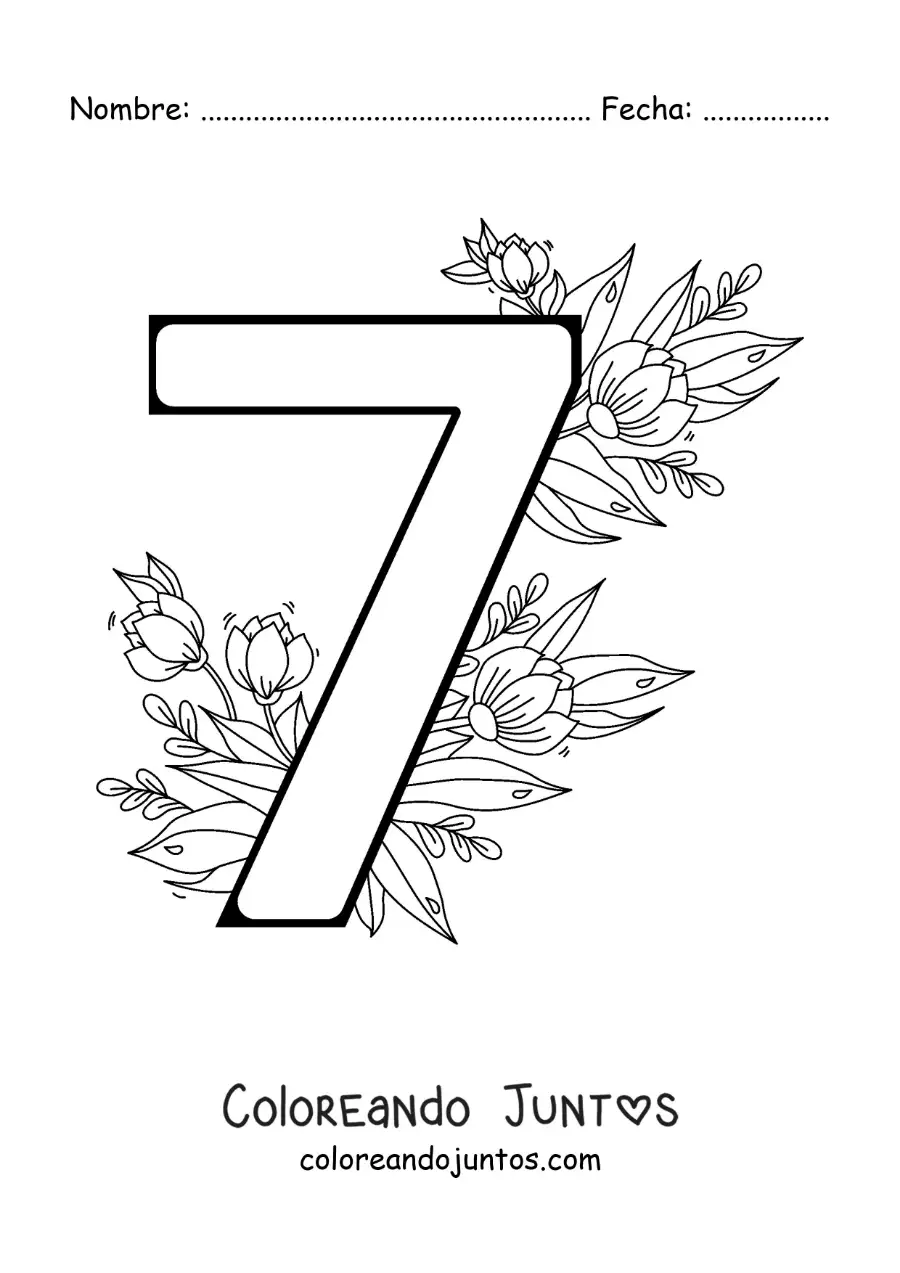 Imagen para colorear del número 7 decorado con flores
