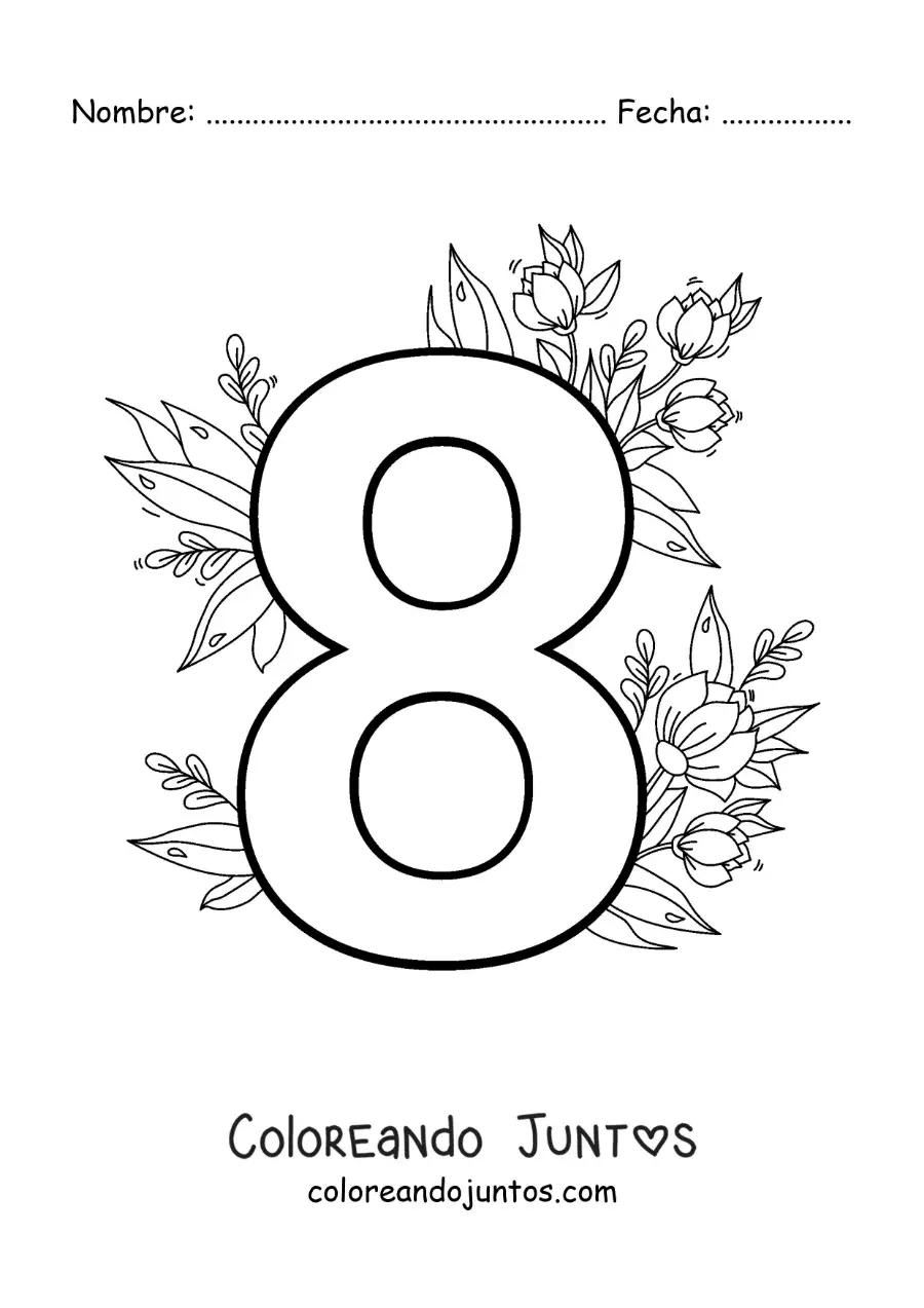 Imagen para colorear del número 8 decorado con flores