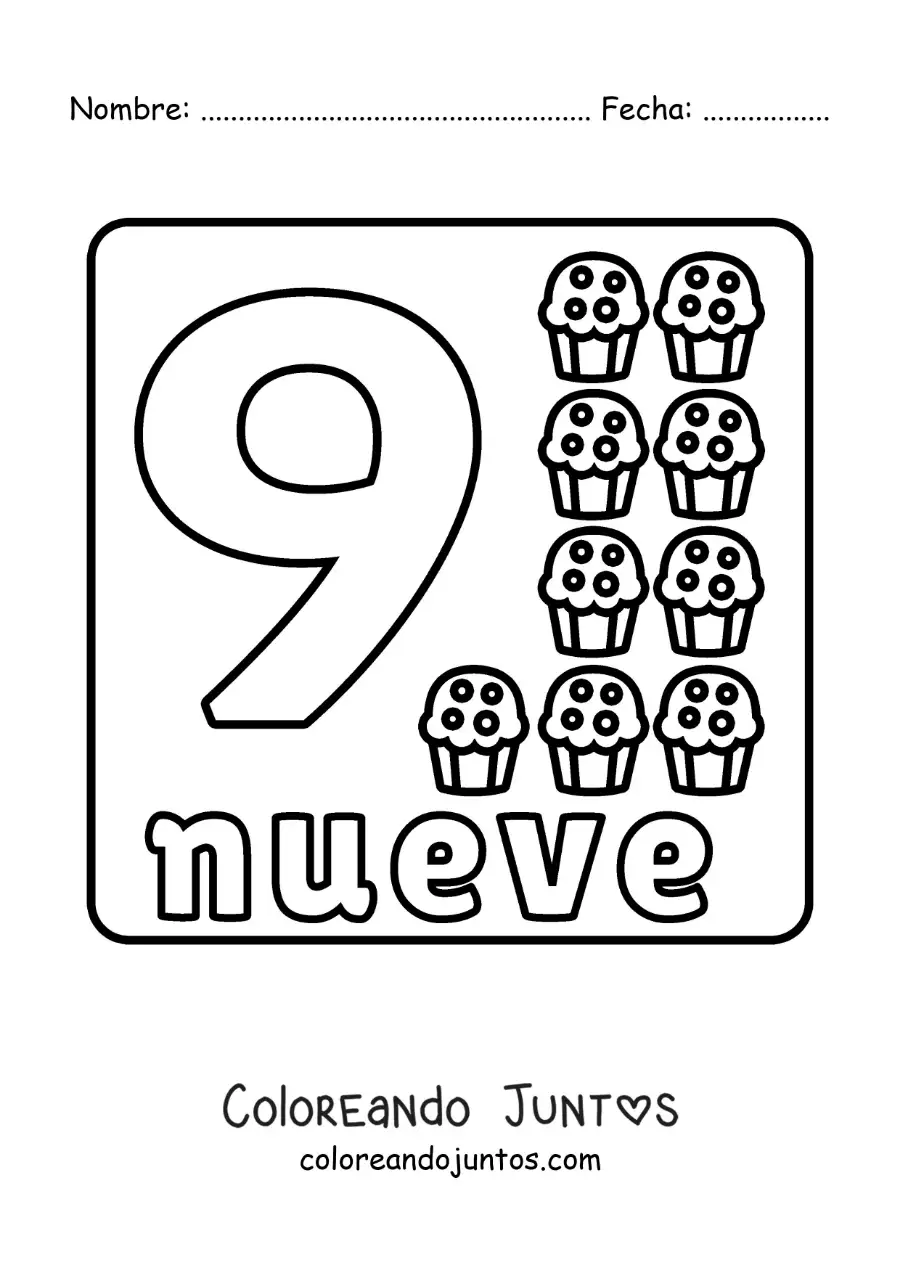 Imagen para colorear del número 9 con objetos para aprender a contar