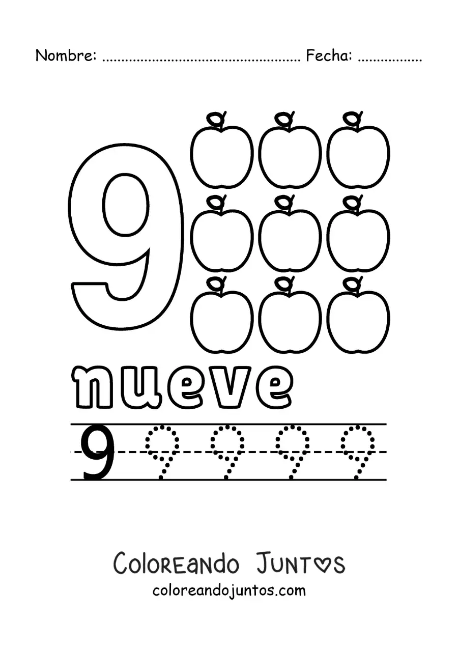 Imagen para colorear del número 9 con objetos para aprender a contar y trazar