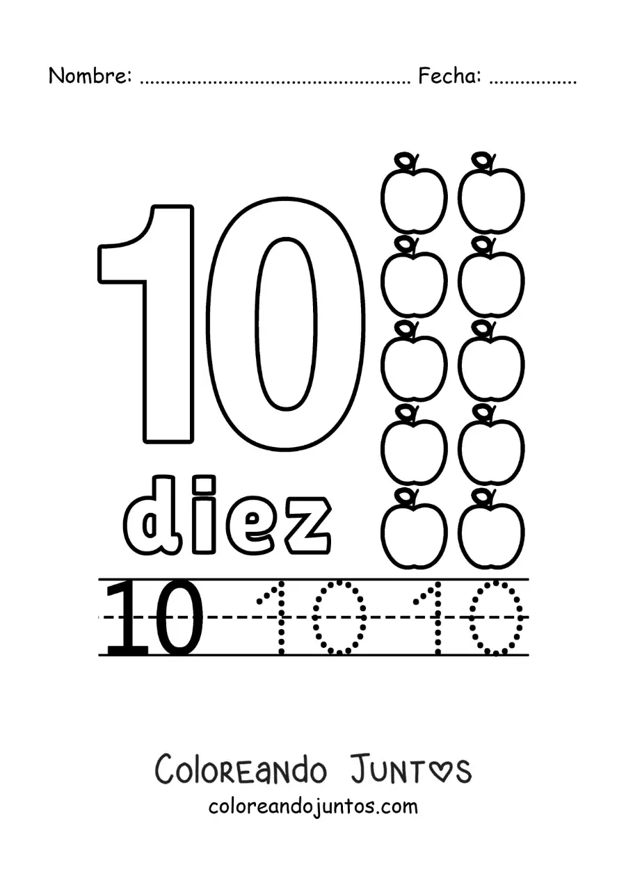 Imagen para colorear del número 10 con objetos para aprender a contar y trazar