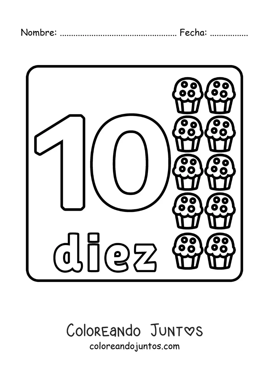 Imagen para colorear del número 10 con objetos para aprender a contar