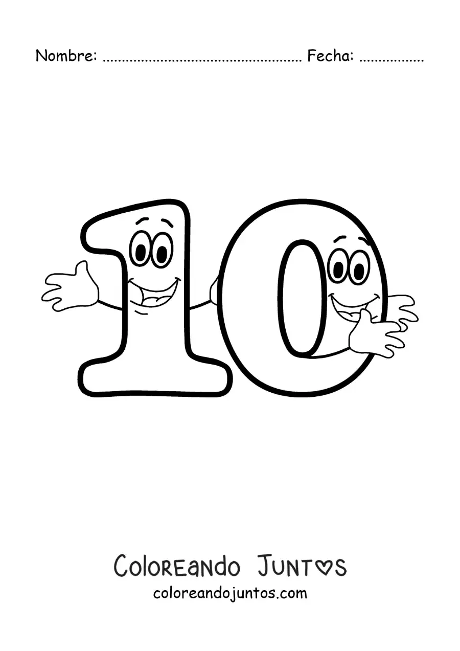 Imagen para colorear del número 10 animado bailando para niños