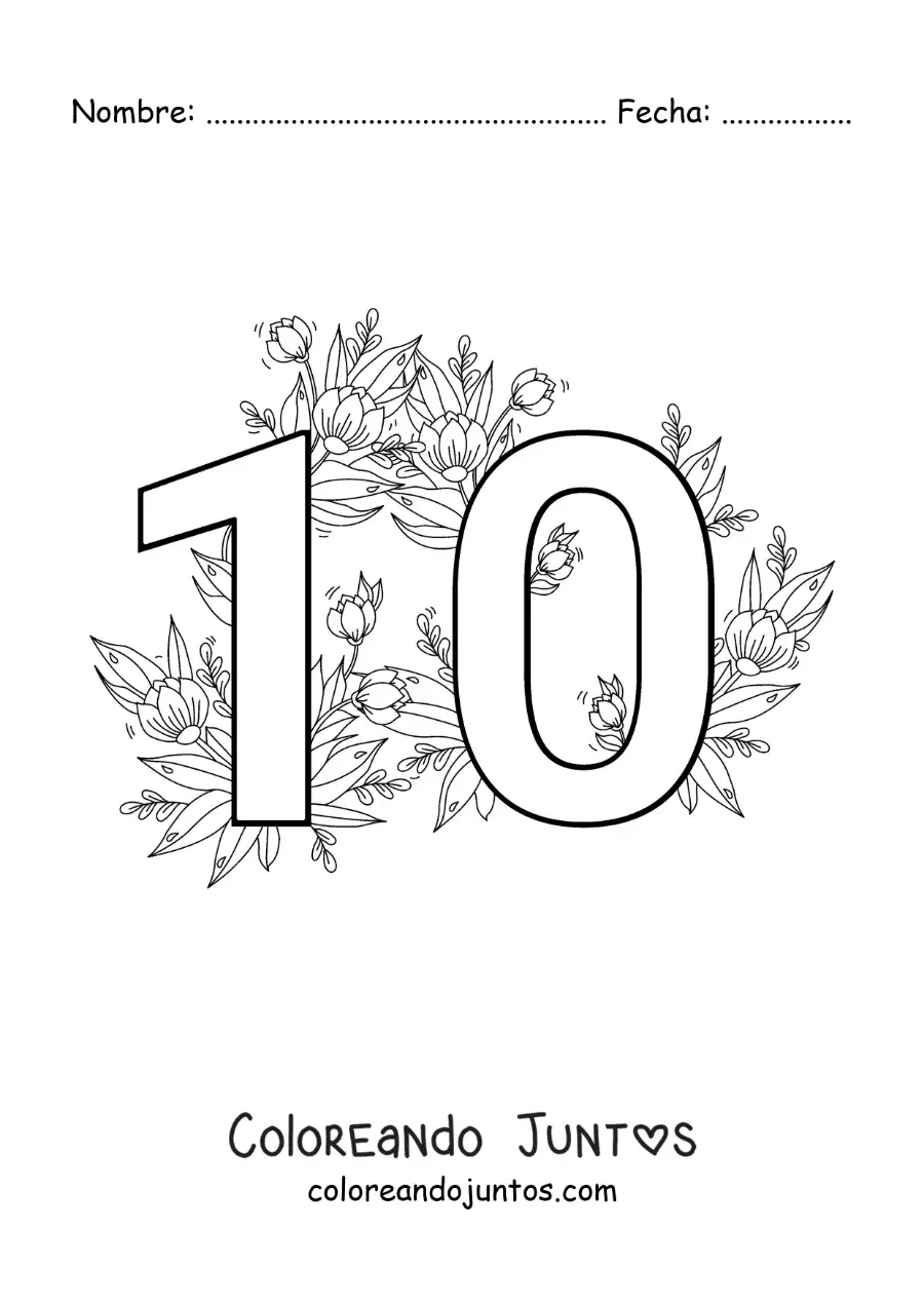 Imagen para colorear del número 10 decorado con flores