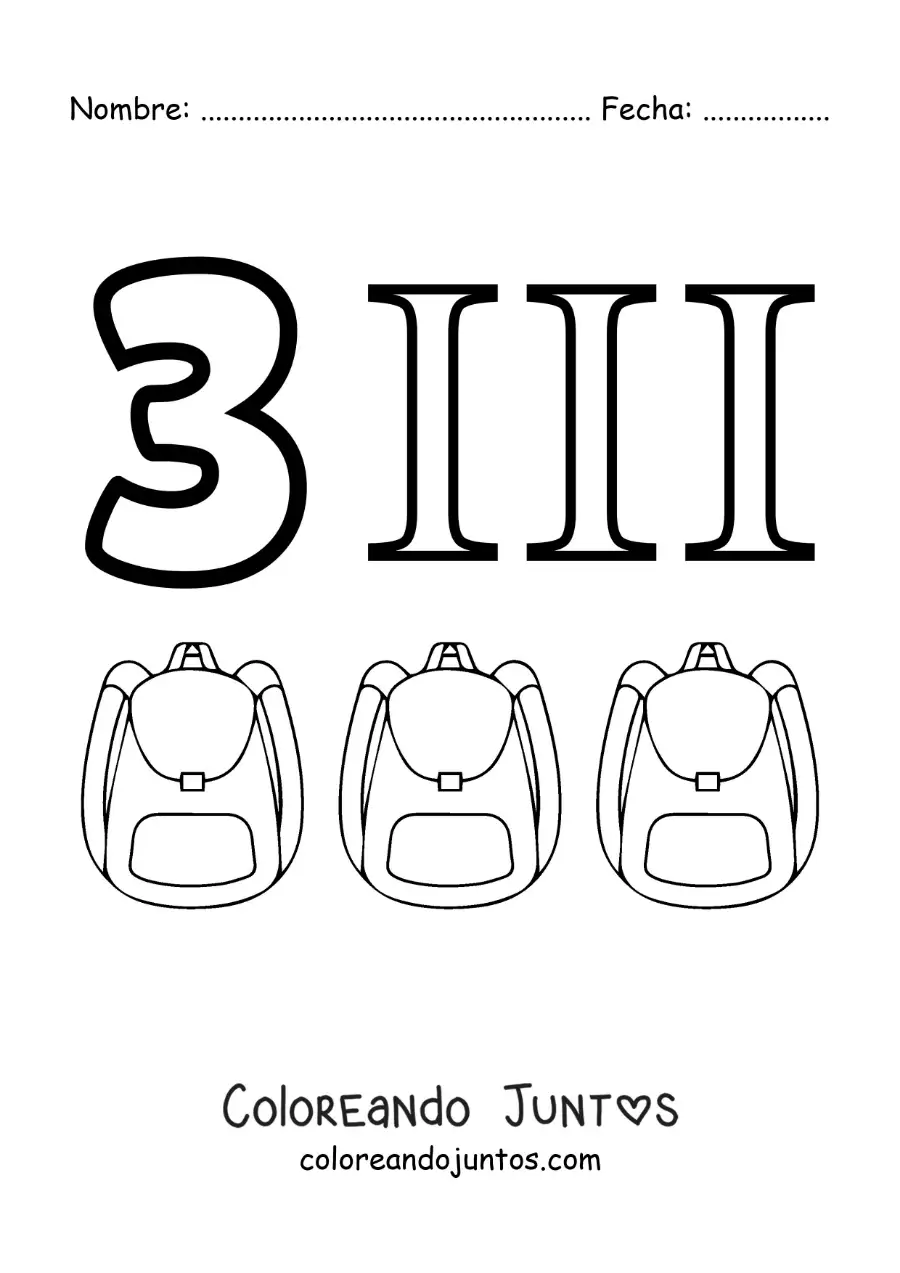 Imagen para colorear de ficha del 3 en números romanos con dibujos animados