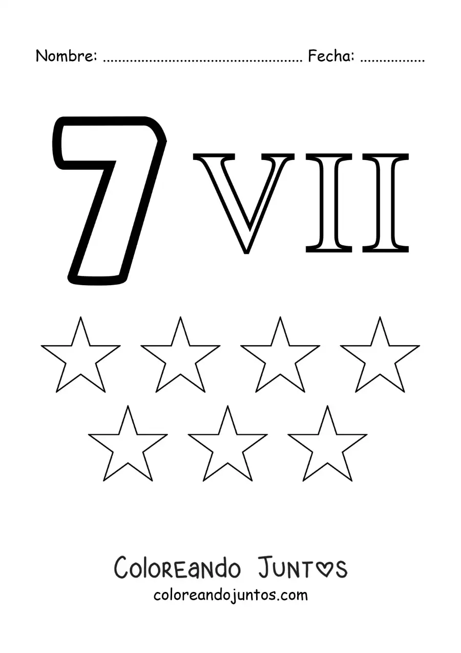 Imagen para colorear de ficha del 7 en números romanos con dibujos animados