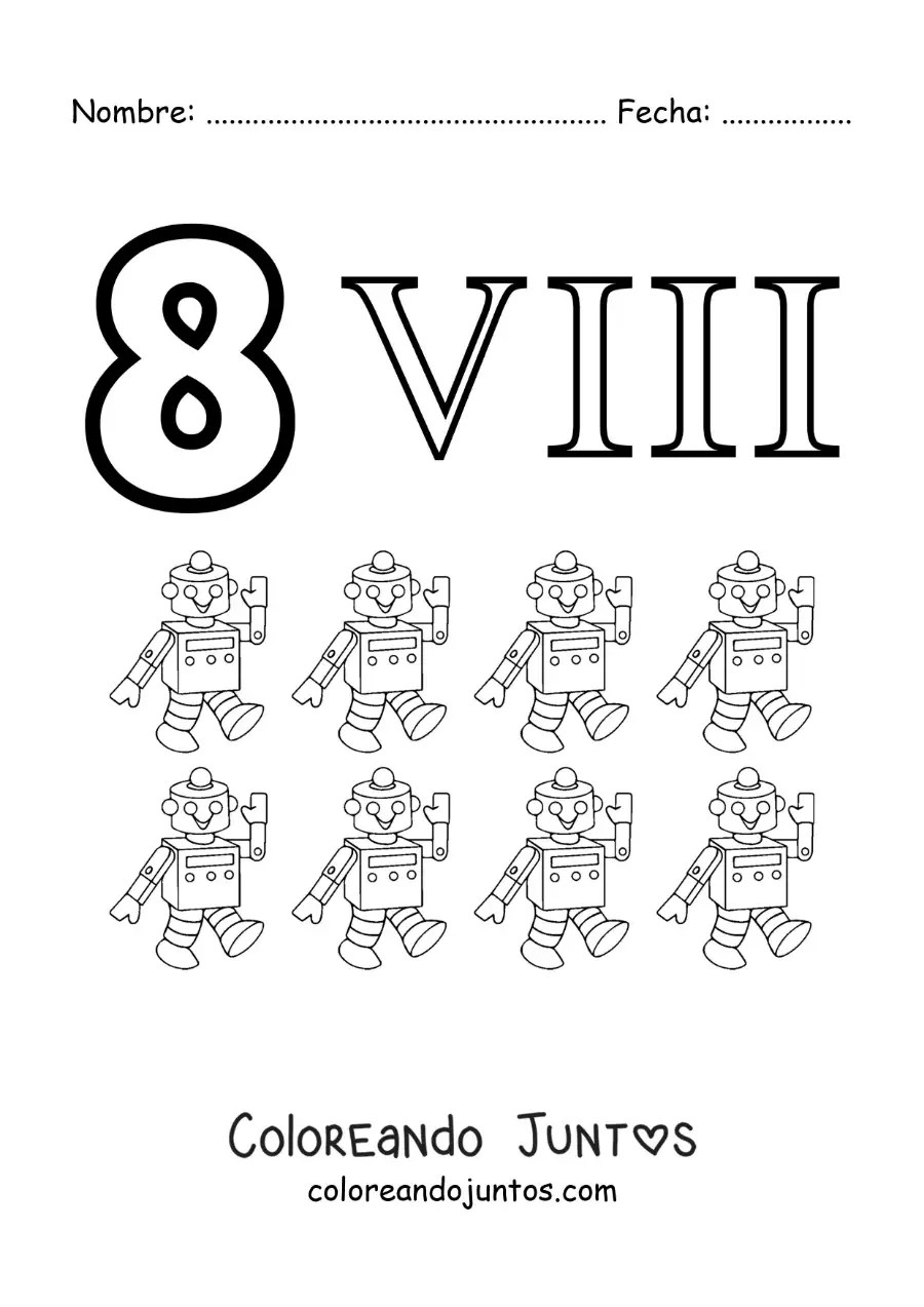 Ficha del 8 en números romanos con dibujos animados | Coloreando Juntos