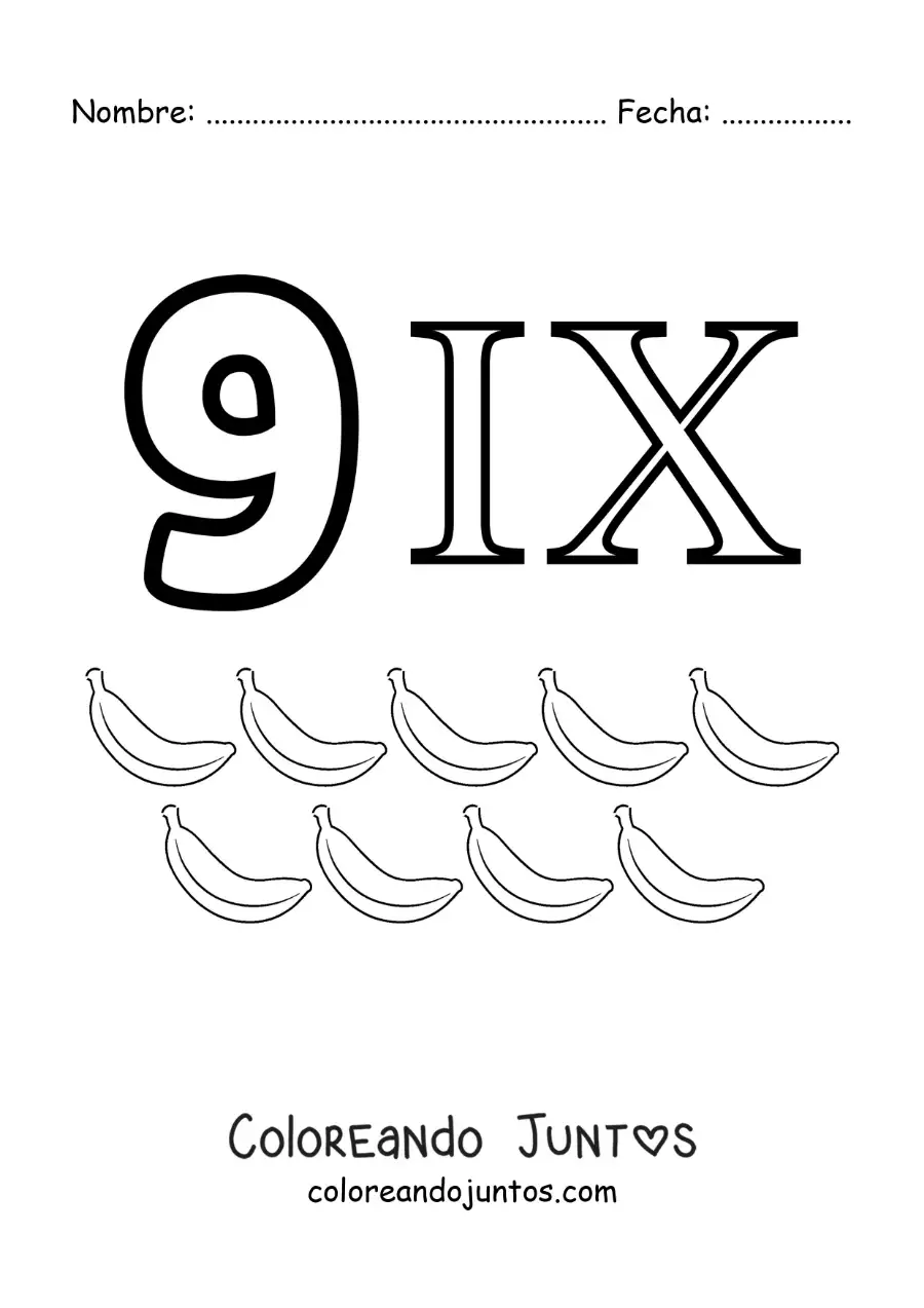 Imagen para colorear de ficha del 9 en números romanos con dibujos animados