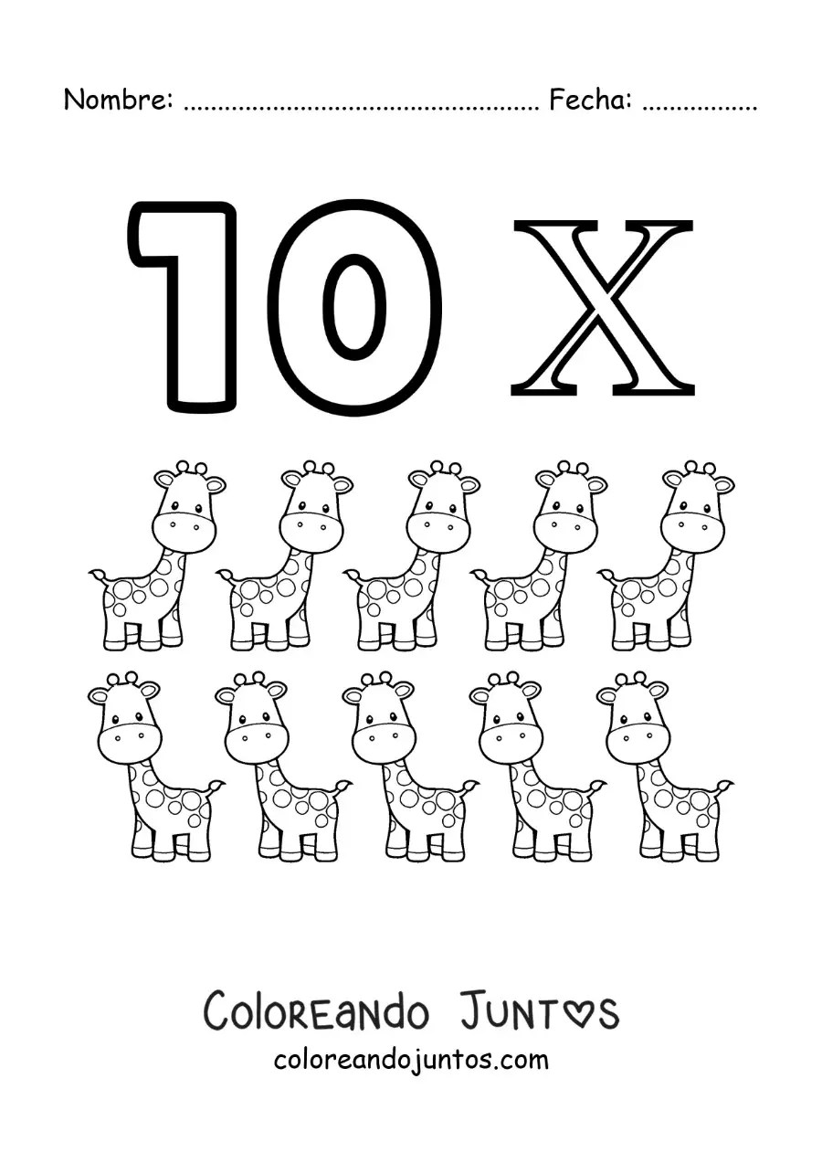 Imagen para colorear de ficha del 10 en números romanos con dibujos animados