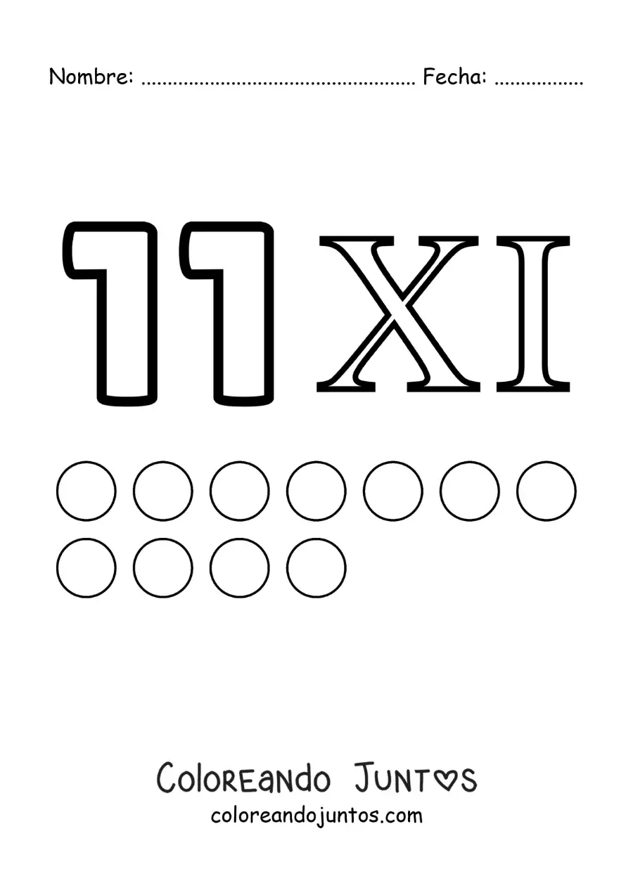 Imagen para colorear de ficha del 11 en números romanos con dibujos animados