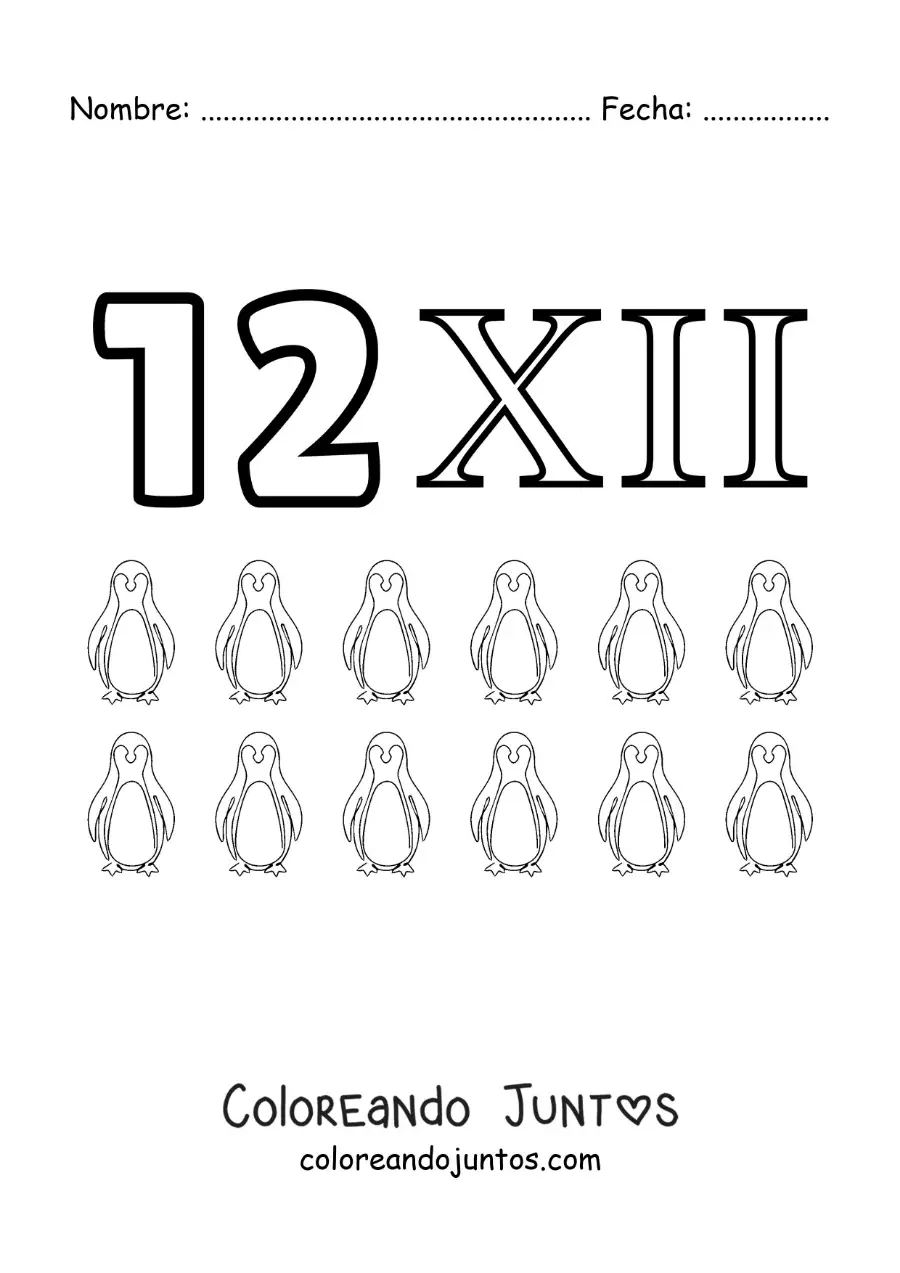 Imagen para colorear de ficha del 12 en números romanos con dibujos animados