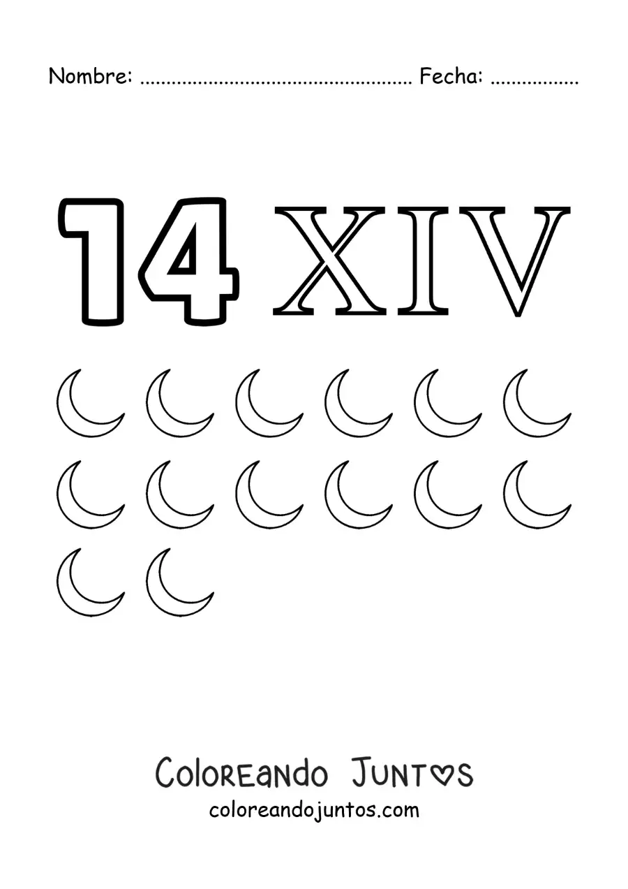Imagen para colorear de ficha del 14 en números romanos con dibujos animados