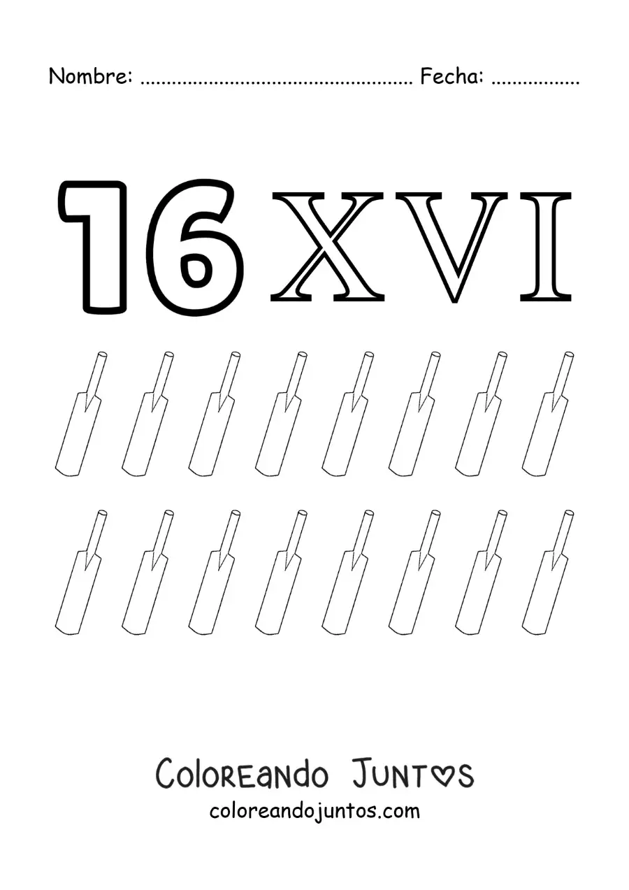 Imagen para colorear de ficha del 16 en números romanos con dibujos animados