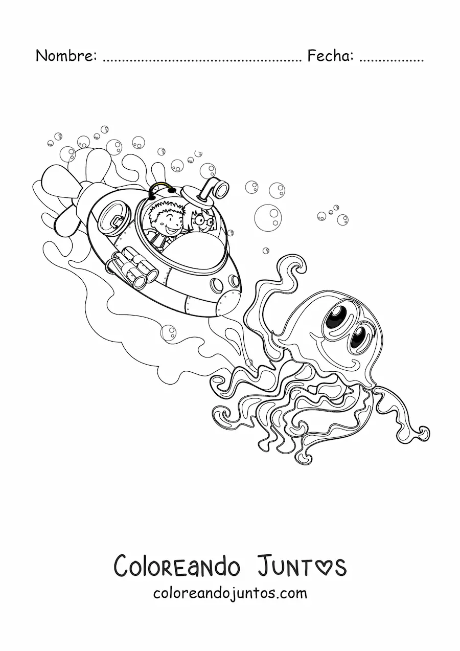 Imagen para colorear de un pulpo animado y dos niños en un submarino