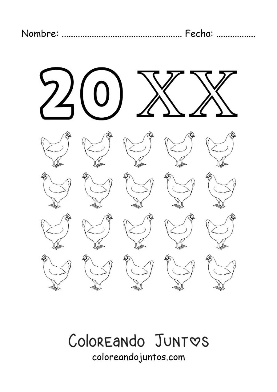 Imagen para colorear de ficha del 20 en números romanos con dibujos animados