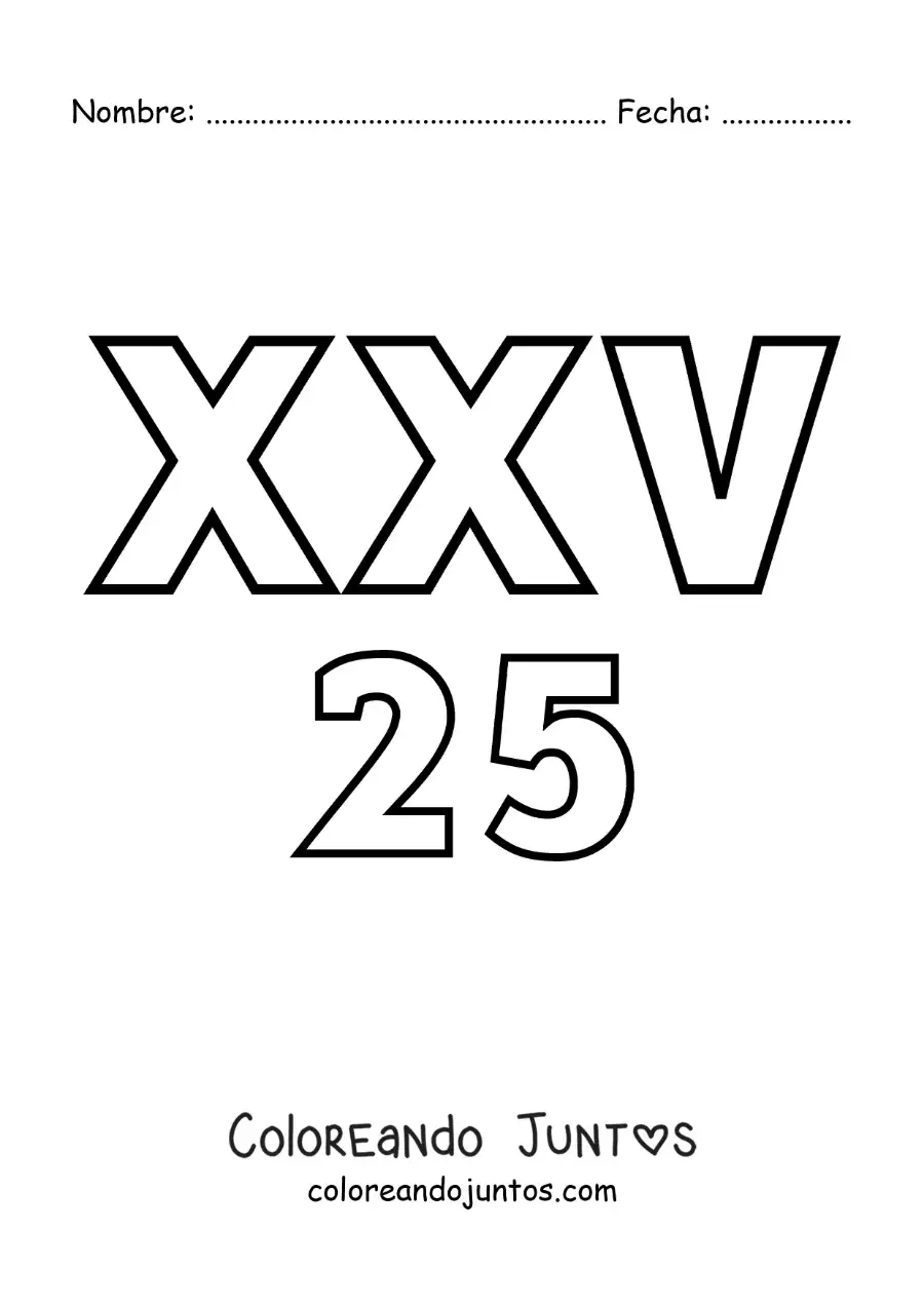 Imagen para colorear de ficha del 25 en números romanos con dibujos animados