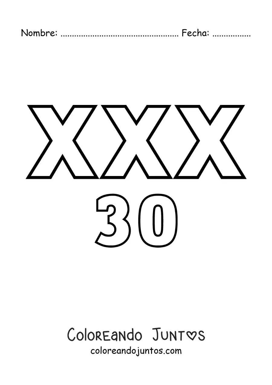 Imagen para colorear de ficha del 30 en números romanos con dibujos animados