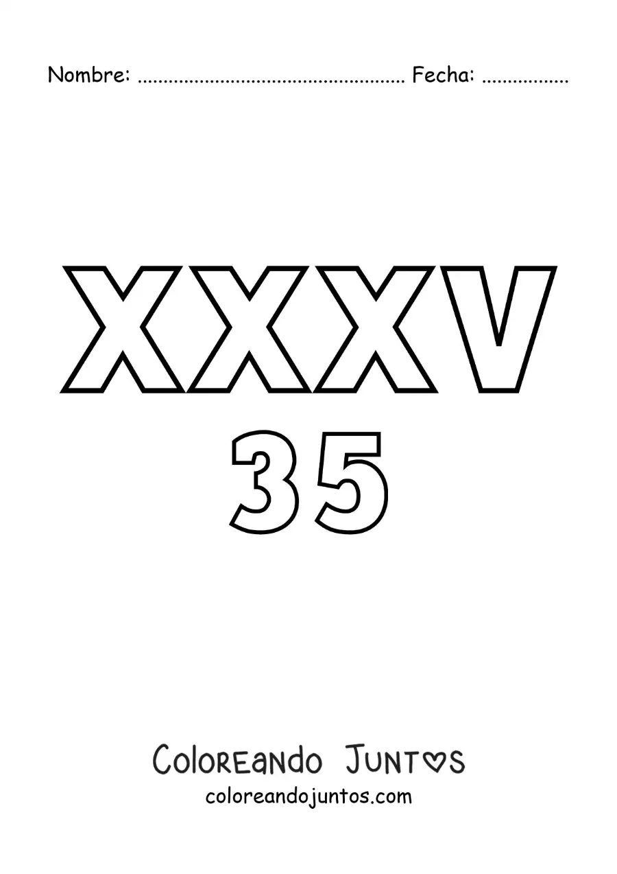 Imagen para colorear de ficha del 35 en números romanos con dibujos animados