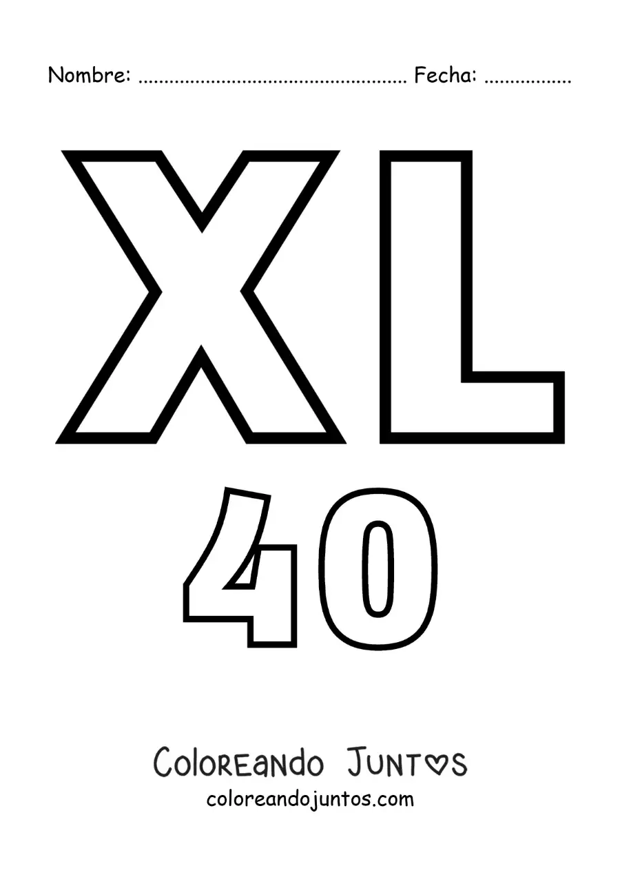 Imagen para colorear de ficha del 40 en números romanos con dibujos animados