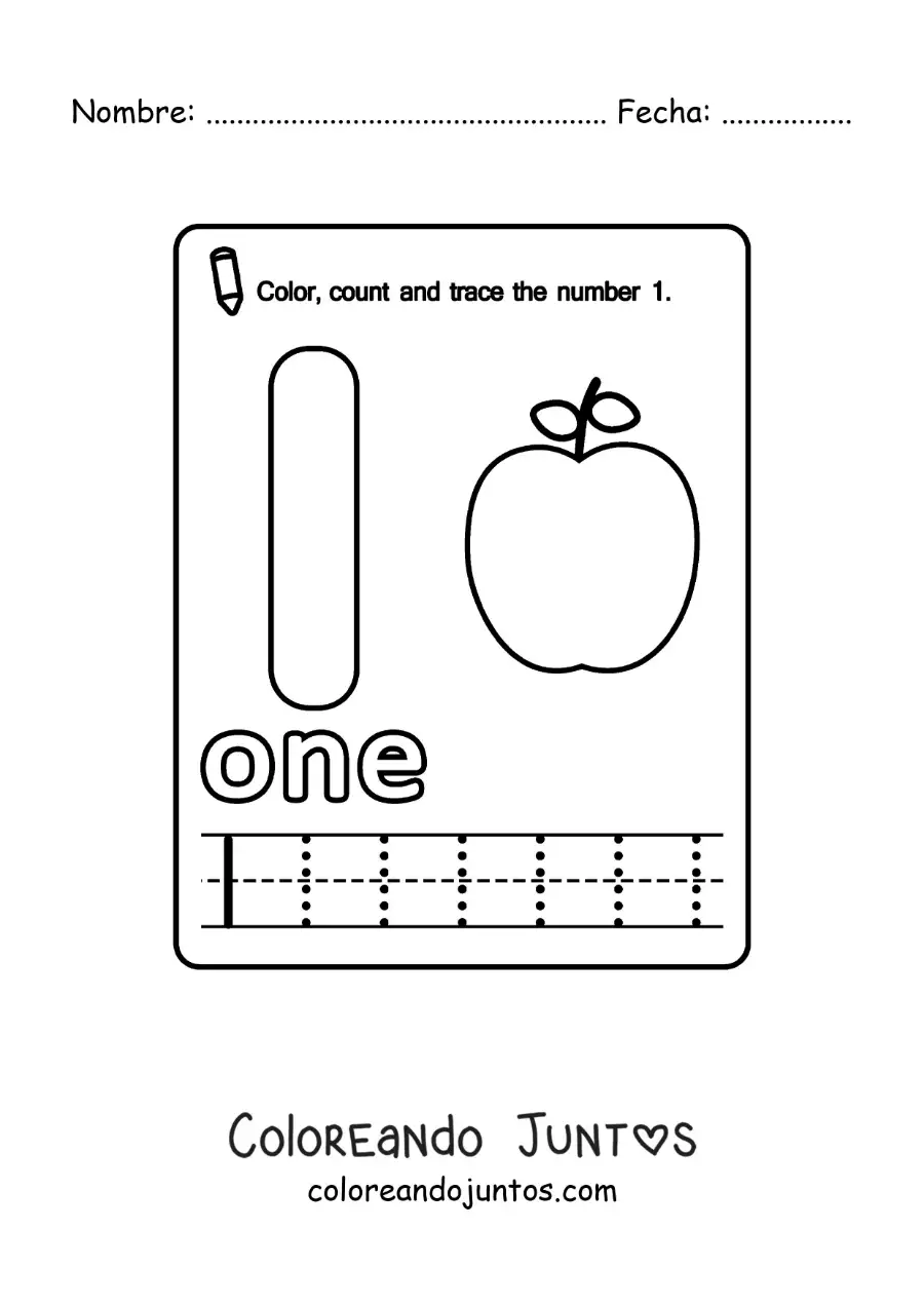 Imagen para colorear de ficha para aprender el número 1 en inglés con frutas