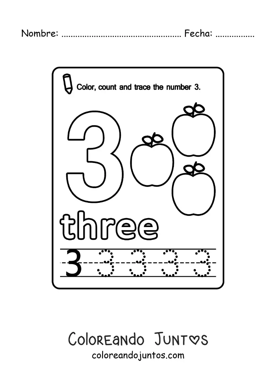 Imagen para colorear de ficha para aprender el número 3 en inglés con frutas