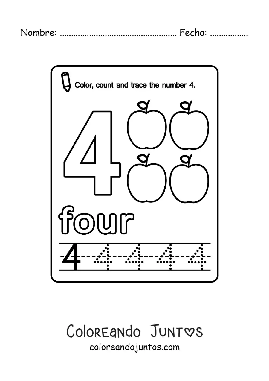 Imagen para colorear de ficha para aprender el número 4 en inglés con frutas